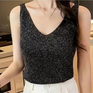 Sequin Knit V-Neck Sleeveless Top – Shiny Casual Tank, Elegant Holidays Outfit